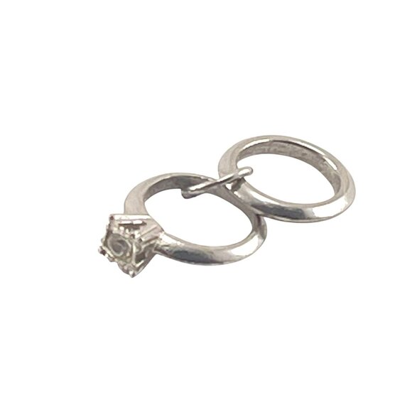 Sterling Silver Wedding Ring Charm Double Ring With Crystal Solitaire - Picture 3 of 6